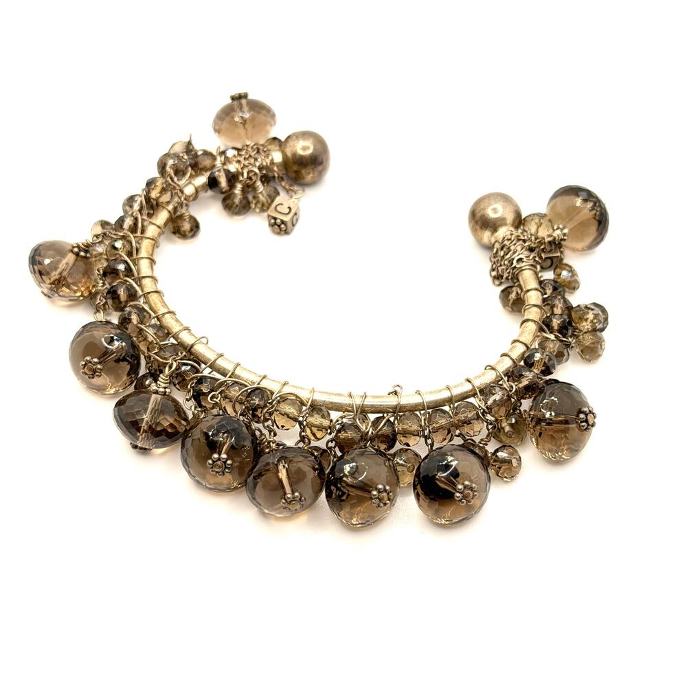 Chico's Silver Tone Smoky Faceted Plastic Bead Dangle Bypass Charm Bracelet